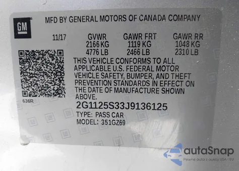 2018 Chevrolet Impala 2Lz z USA, uszkodzony, nr VIN 2G1125S33J9136125